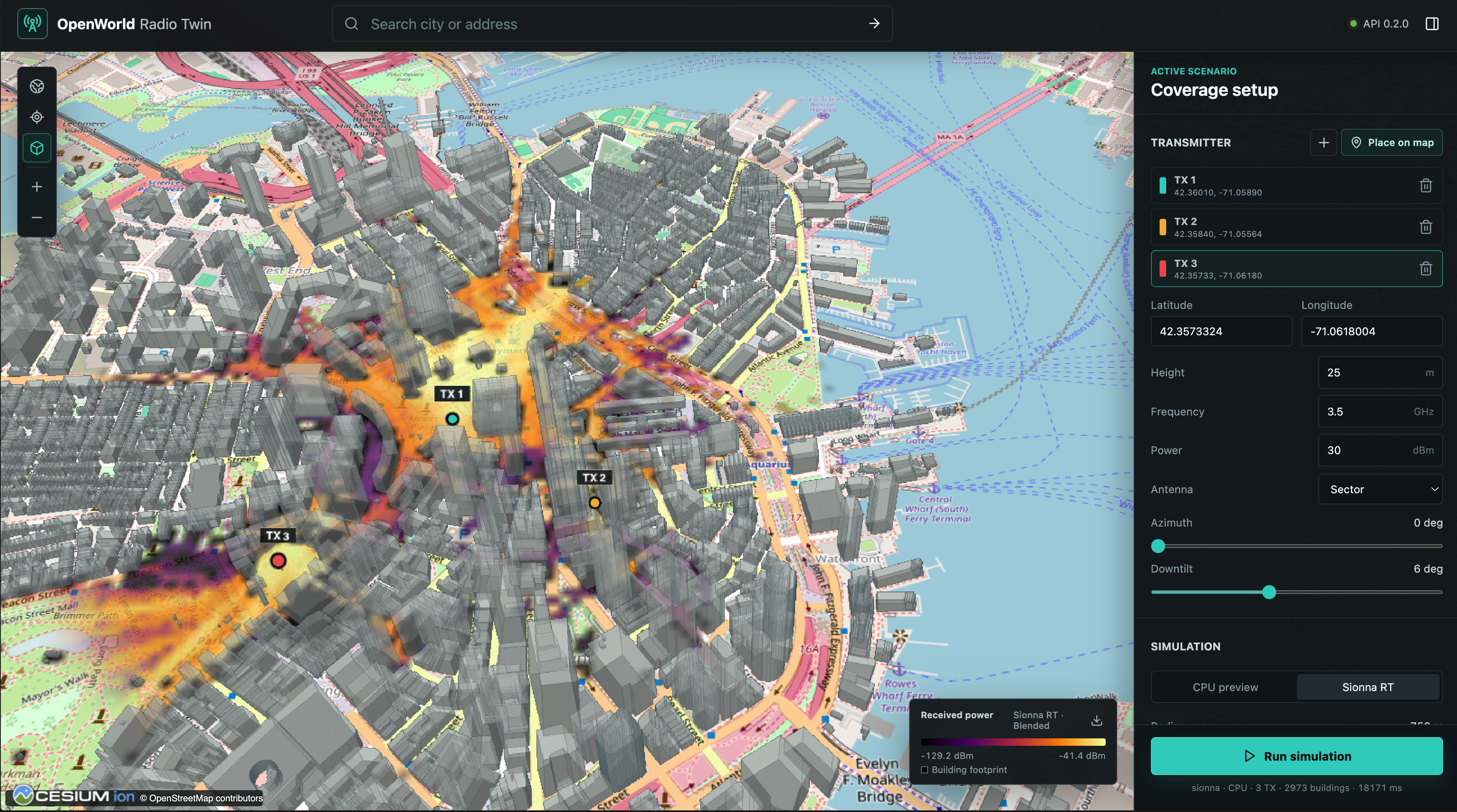Central Boston with three transmitters and a Sionna RT received-power map