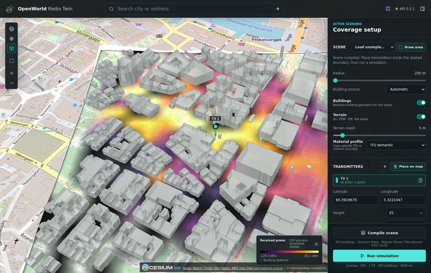 Bergen scene compiled as an inset of the globe, with a CPU preview coverage layer