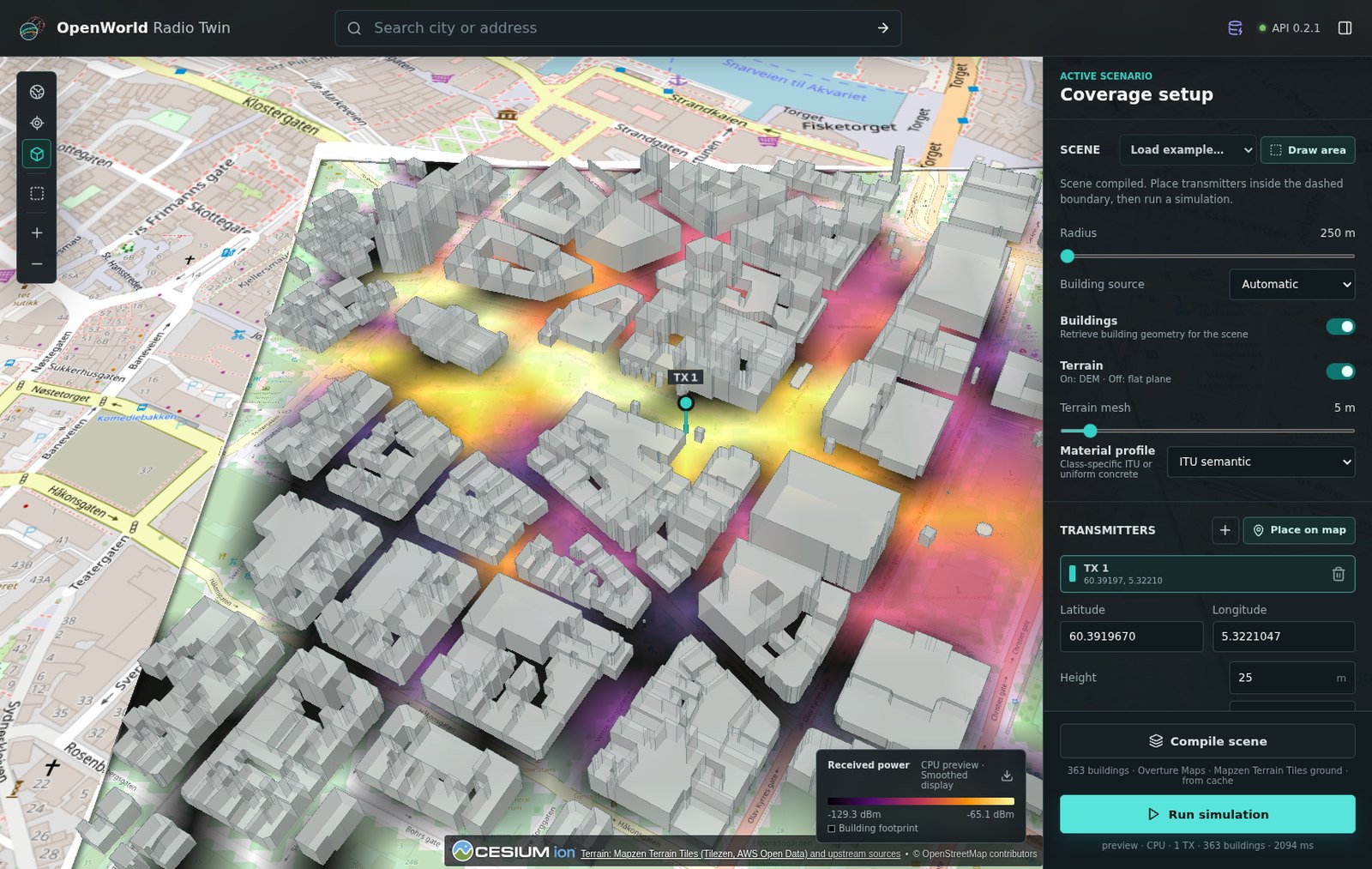 A compiled Bergen scene shown as an inset of the globe in the interactive explorer